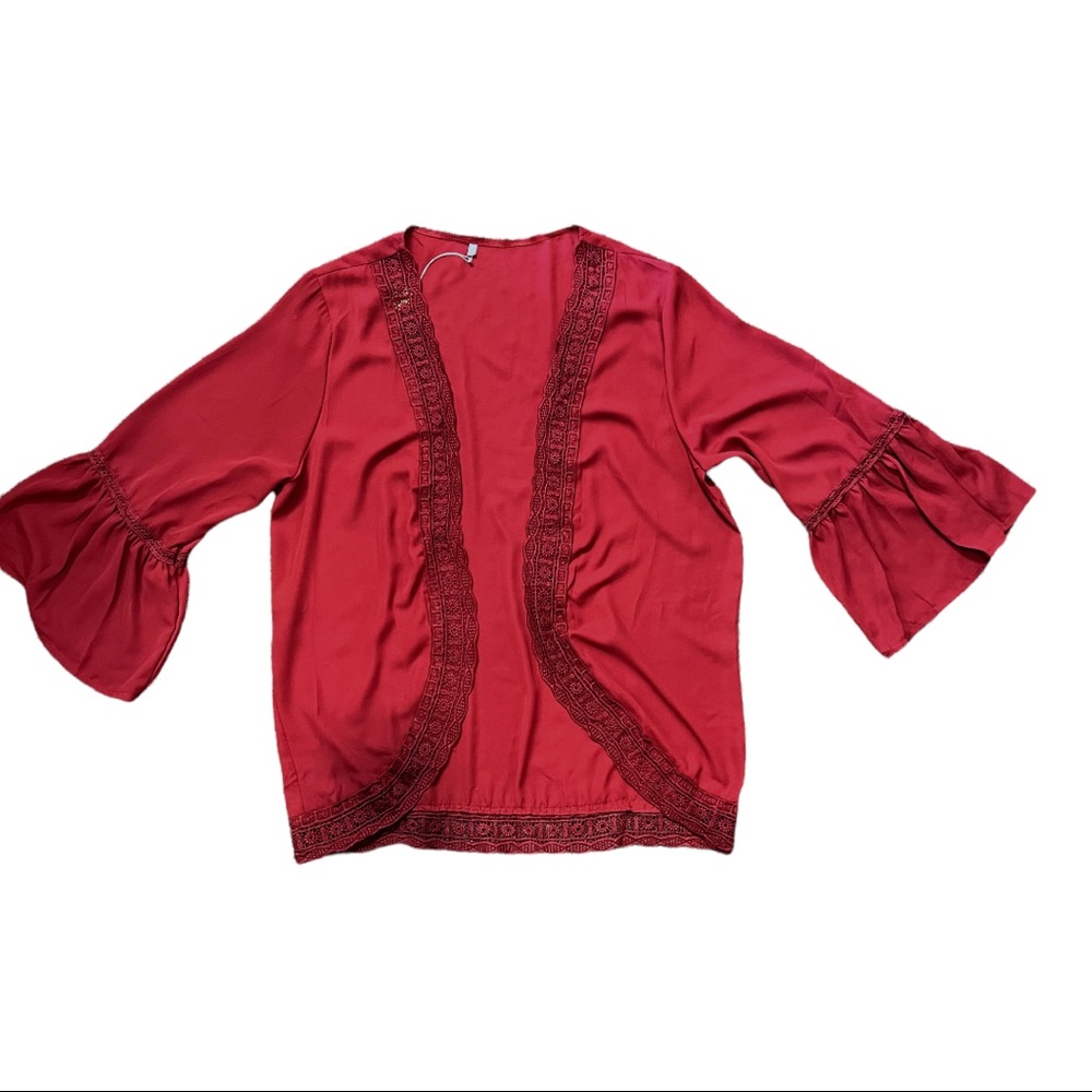 Crocheted Trim Bell Sleeve Cardigan